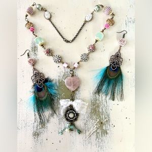 NEW!! Heart Pink Stone Necklace Peacock Earrings Set Handmade Design